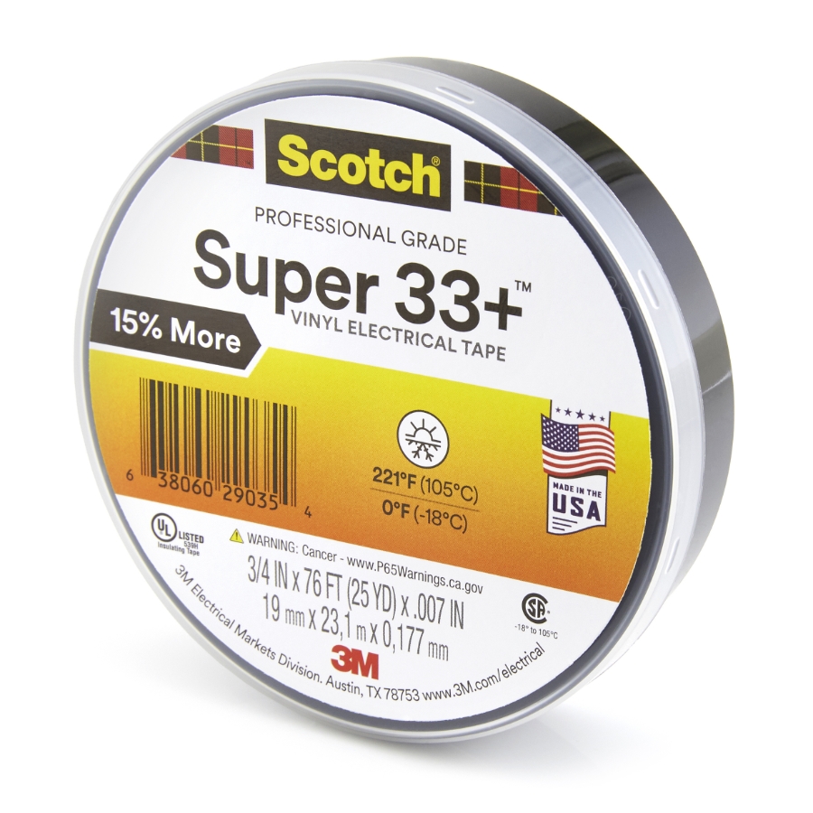 3M 7100201470 Scotch® Super 33+™ Professional Grade Black Electrical Tape, 3/4" x 76 ft.