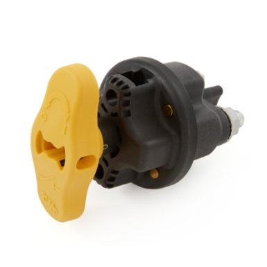 littelfuse 75930-02 dual pole single throw manual battery disconnect, auxilary connections, integrated lockout/tagout - yellow, rotated view