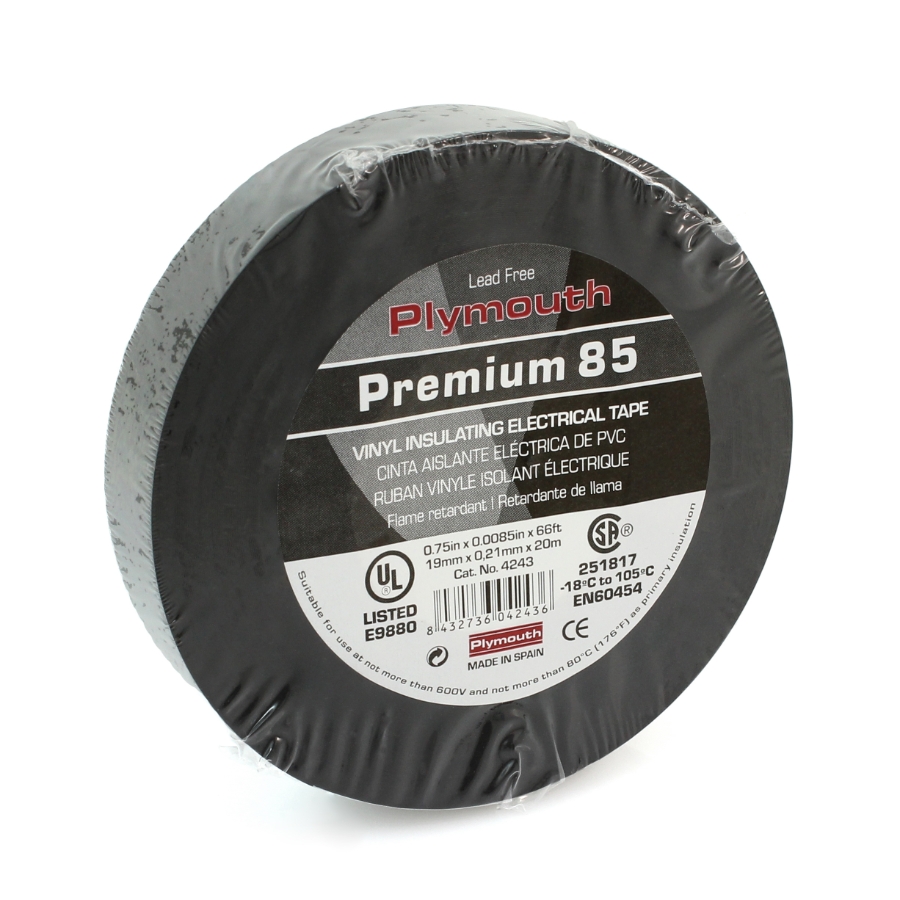 Plymouth Rubber 4243 Premium 85 Professional Grade Vinyl Electrical Tape, 3/4" Wide, 66' Roll, Black