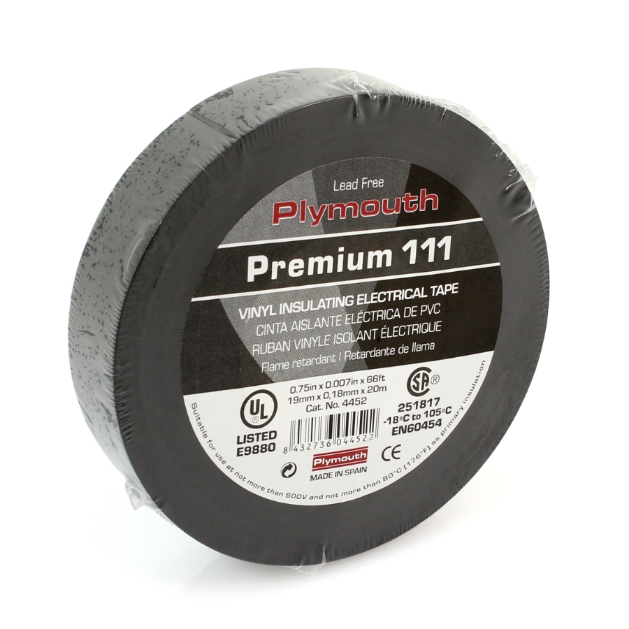 Plymouth Rubber 4452 Premium 111 Vinyl Electrical Tape, 3/4" Wide, 66' Roll, Black