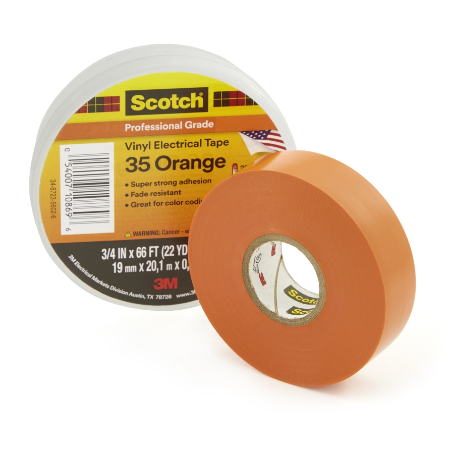 3M 7000031581 Scotch® Vinyl Electrical Tape 35, Orange, Professional Grade 3/4" Wide, 66' Roll
