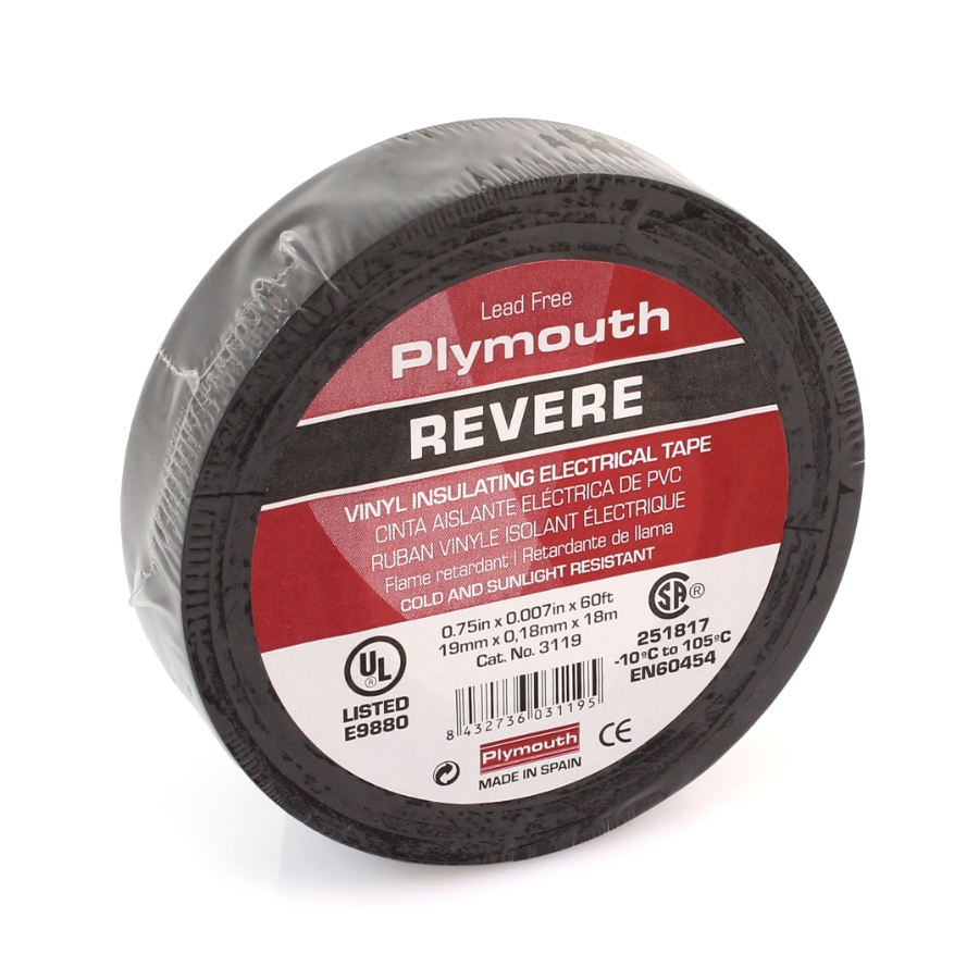 Plymouth Rubber 3119 Revere 7 Commercial Grade Vinyl Electrical Tape, 3/4" Wide, 66' Roll, Black