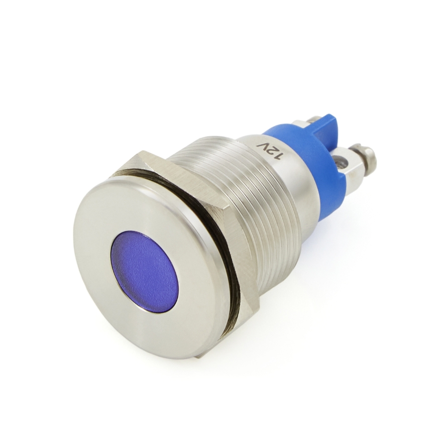 CIT Relay & Switch IN19ASB12Z 19mm Flush Mount, Flat Lens, Panel Indicator Light, Blue LED, 12VDC, screw terminals