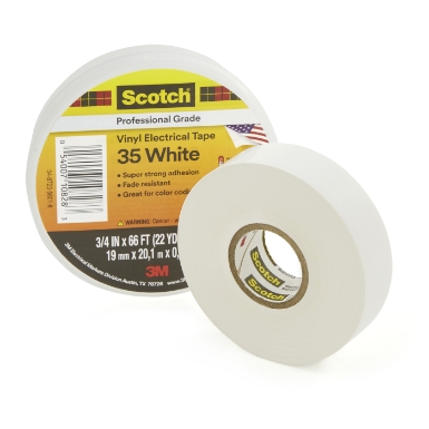 3M 7000006097 Scotch® Vinyl Electrical Tape 35, White, Professional Grade 3/4" Wide, 66' Roll