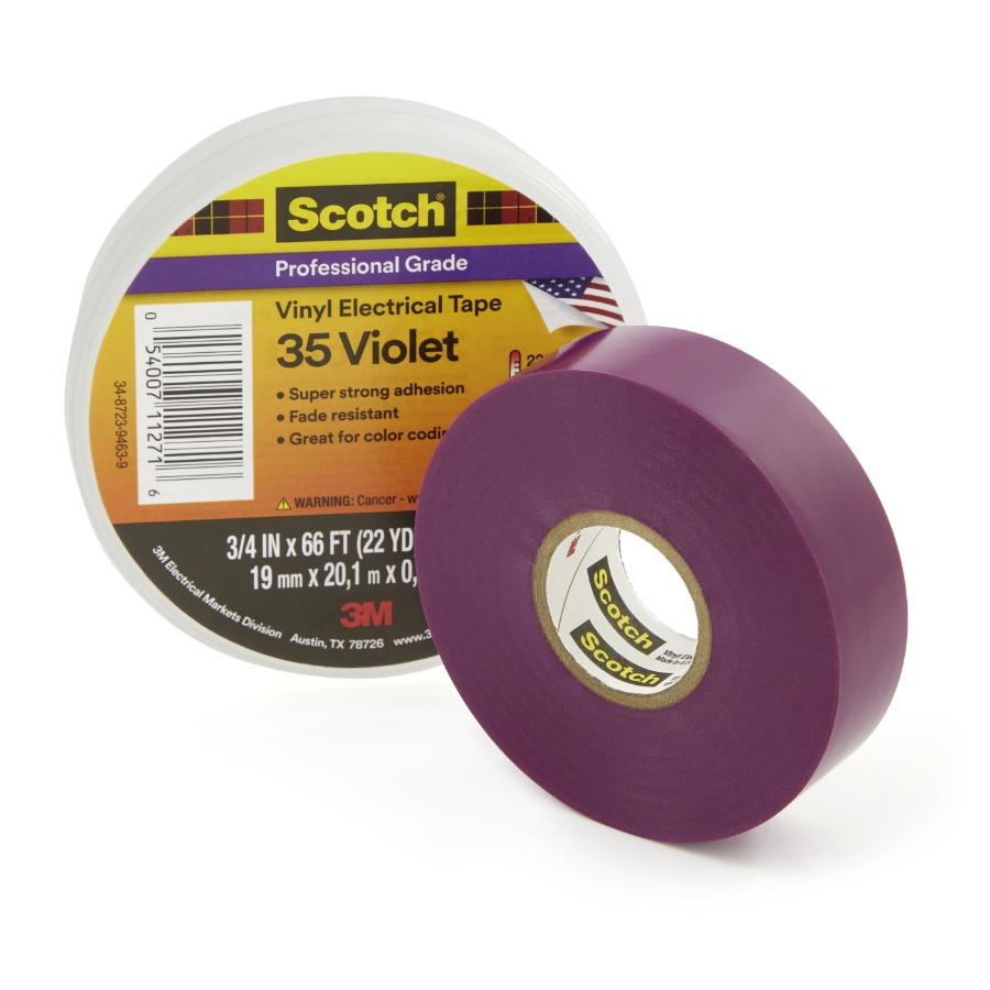 3M 7000058437 Scotch® Vinyl Electrical Tape 35, Violet, Professional Grade 3/4" Wide, 66' Roll