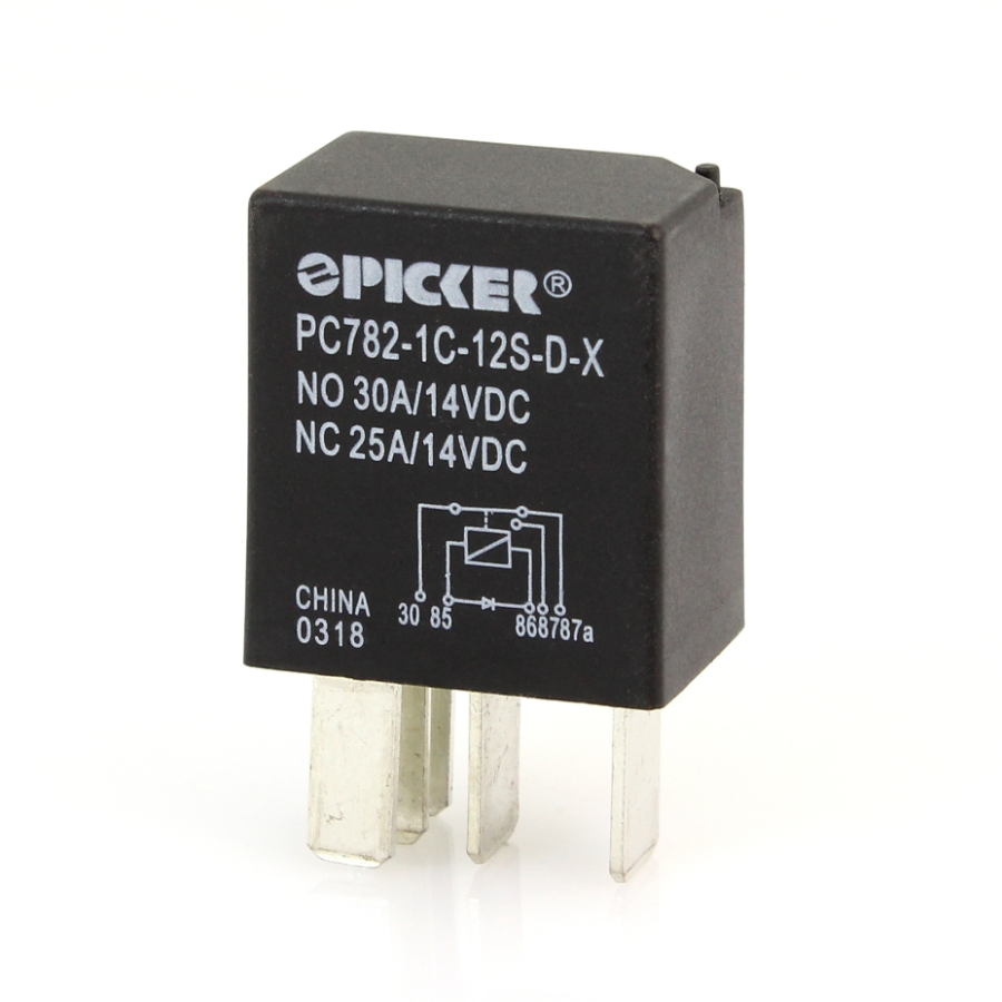 Picker PC782-1C-12S-D-X 30A Micro ISO Relay, 12VDC, SPDT, Diode