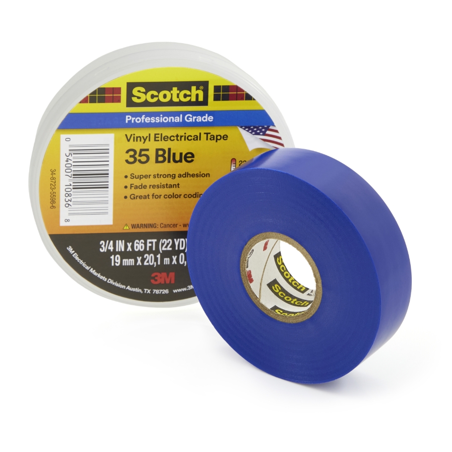 3M 7000006095 Scotch® Vinyl Electrical Tape 35, Blue, Professional Grade 3/4" Wide, 66' Roll