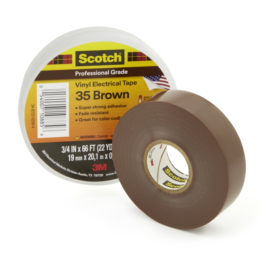 3M 7000031580 Scotch® Vinyl Electrical Tape 35, Brown, Professional Grade 3/4" Wide, 66' Roll