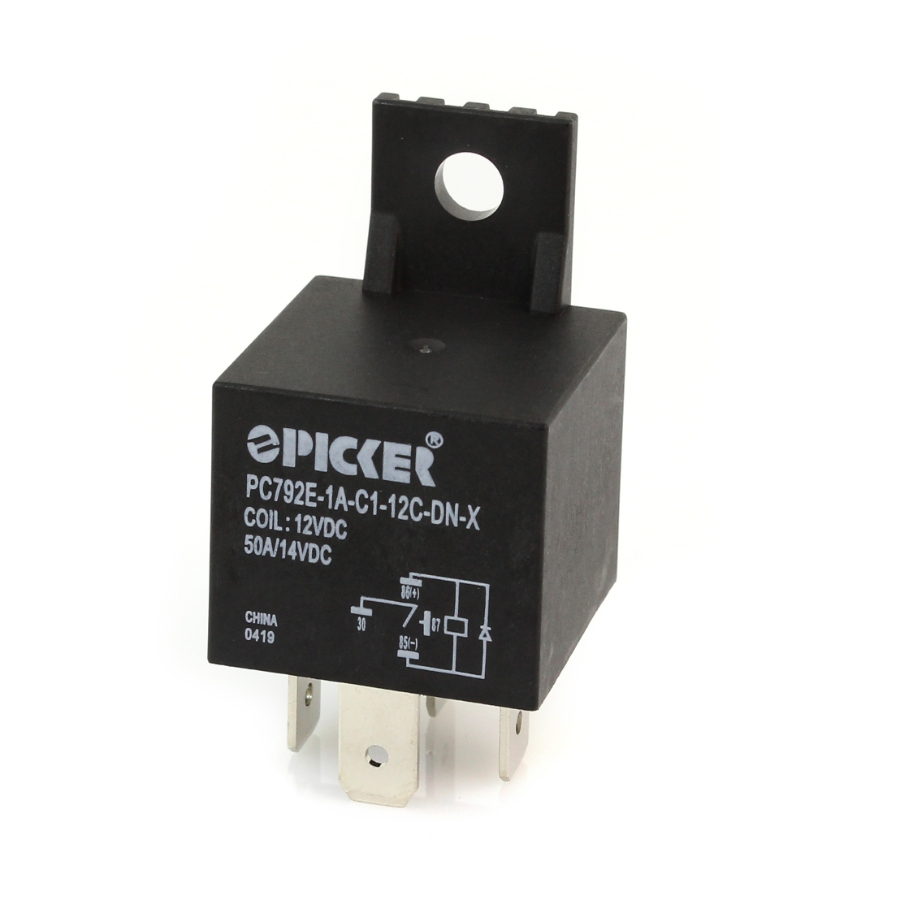 Picker PC792E-1A-C1-12C-DNX Mini ISO Relay, 12V, SPST, 50A, Dust Cover with Diode, Plastic Bracket
