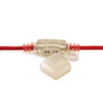 Littelfuse MINI® ATM In-line Fuse Holder, 14Ga. Orange Wire, 6" Leads, 30A, Clear, 0FHM0001HXGLO, Close Up