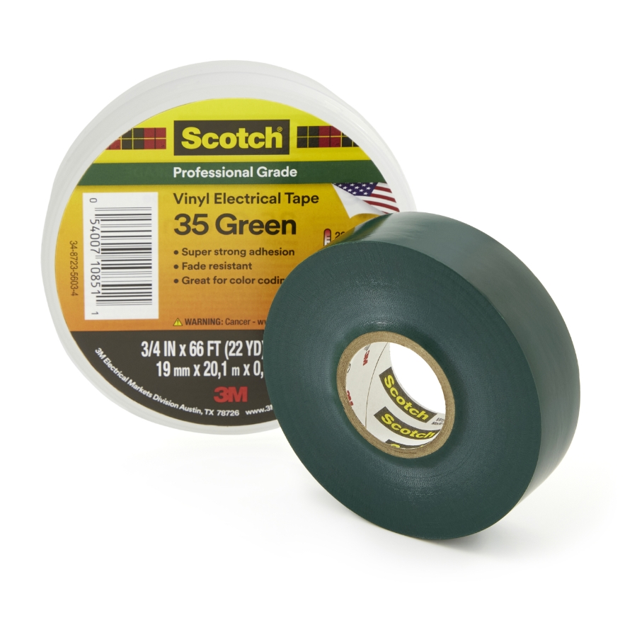 3M 7000006098 Scotch® Vinyl Electrical Tape 35, Green, Professional Grade 3/4" Wide, 66' Roll