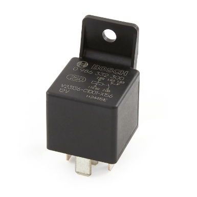 bosch 332019150, bosch 332019150441 mini relay, normally open, 5-pin, spst, 30a, 12vdc, rotated view