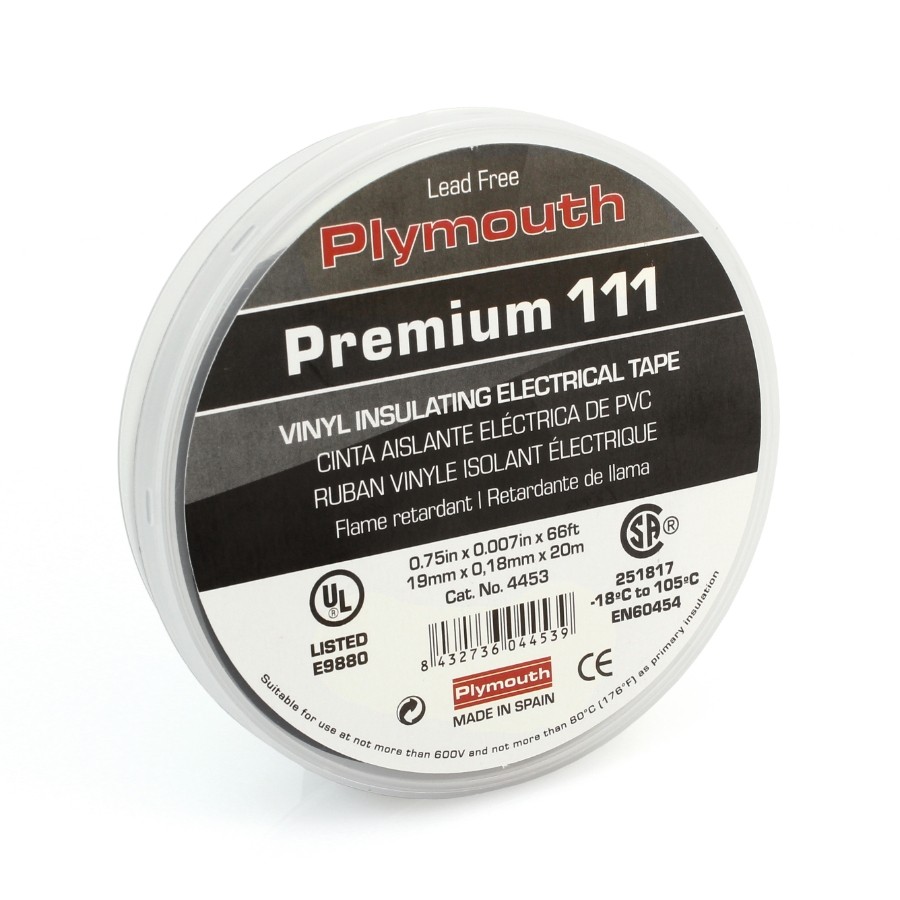 Plymouth Rubber 4453 Premium 111 Vinyl Electrical Tape, 3/4" Wide, 66' Roll, Black