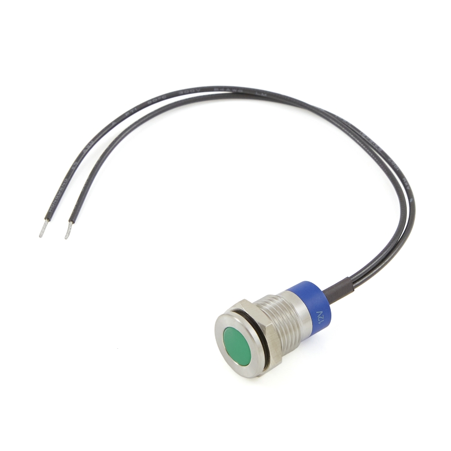 CIT Relay & Switch IN12ASG12W 12mm Flush Mount, Flat Lens, Panel Indicator Light, Green LED, 12VDC, w/ 6 " Wire Leads