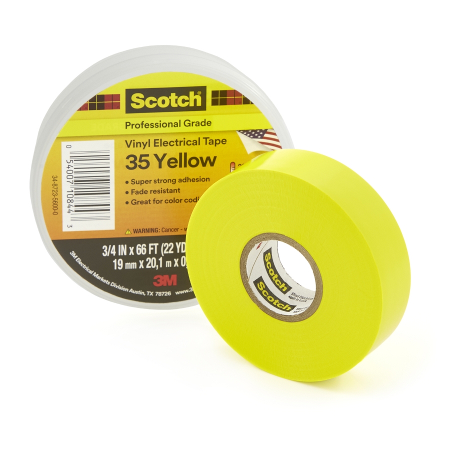3M 7000006096 Scotch® Vinyl Electrical Tape 35, Yellow, Professional Grade 3/4" Wide, 66' Roll