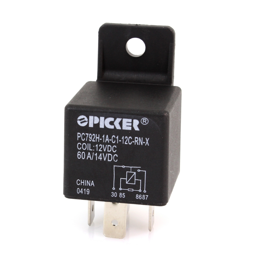 Picker PC792H-1A-C1-12C-RN-X Mini ISO Relay, 12VDC, SPST, 60A, with Resistor & Plastic Bracket