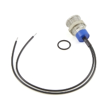 CIT Relay & Switch IN12ASB12W, 12mm Flush Mount, Flat Lens, Panel Indicator Light, Blue LED, 12VDC, w/ 6 " Wire Leads, Rotated View
