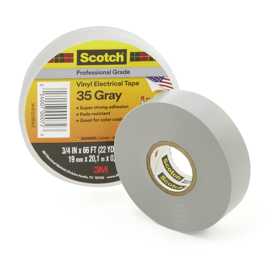 3M 7000006099 Scotch® Vinyl Electrical Tape 35, Gray, Professional Grade 3/4" Wide, 66' Roll